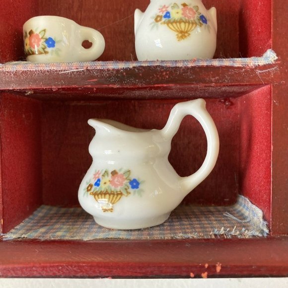 Miniature Dollhouse Wood Cupboard with Ceramic  Pitcher Jar Cup - Picture 8 of 11